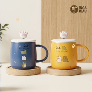 Taza de Cerámica con Tapa y Cuchara Huellita "Cat I Love Kitties"