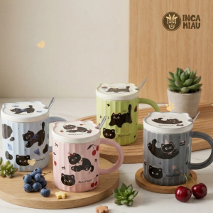 Taza de Cerámica Gatito Negro Sweet Cat con Tapa Tapa Orejitas y Cuchara