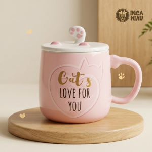 Taza de Cerámica Rosada Cat's Love con Tapa Huellita de Gato