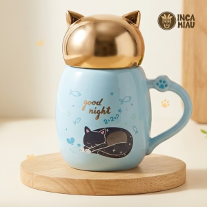 Taza de Cerámica Azul Good Night con Tapa Cabeza de Gato Dorada