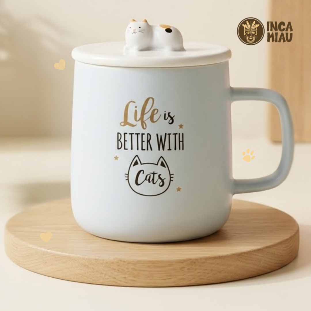 Taza de Cerámica Celeste Life is Better with Cats Taza de Cerámica Celeste Life is Better with Cats con Gatito 3D