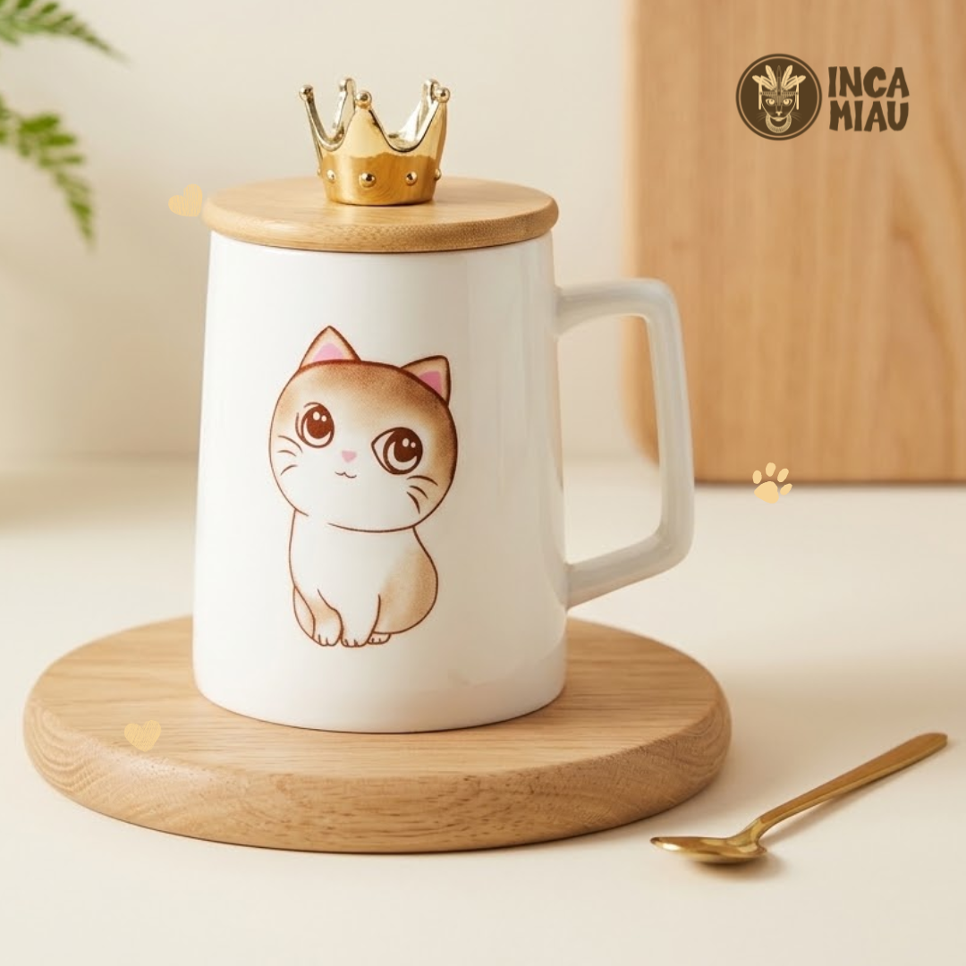 Taza de Cerámica Gato Real con Tapa de Bambú y Corona Dorada Taza de Cerámica Gato Real con Tapa de Bambú y Corona Dorada