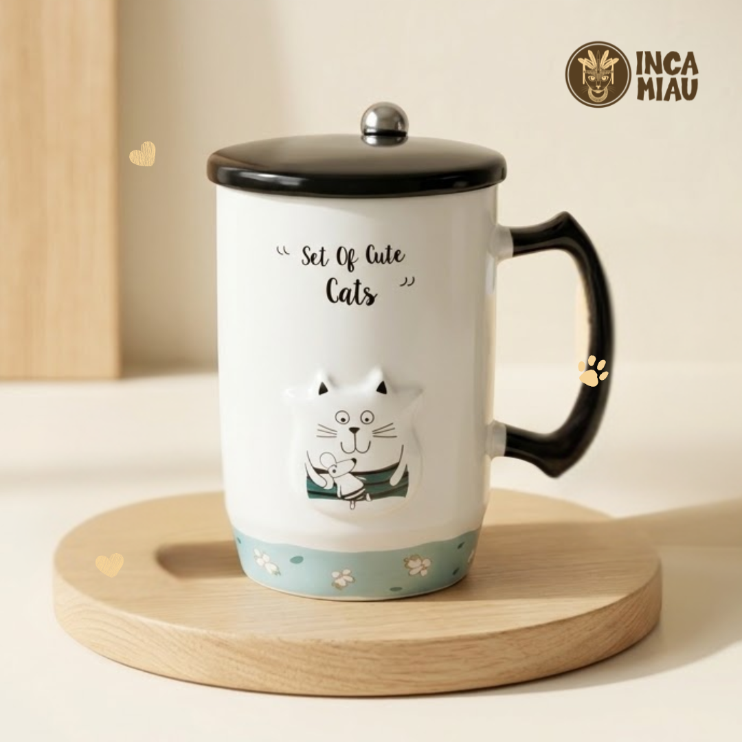 Taza Alta de Cerámica Cute Cats con Tapa Negra y Asa Taza Alta de Cerámica Cute Cats con Tapa Negra y Asa